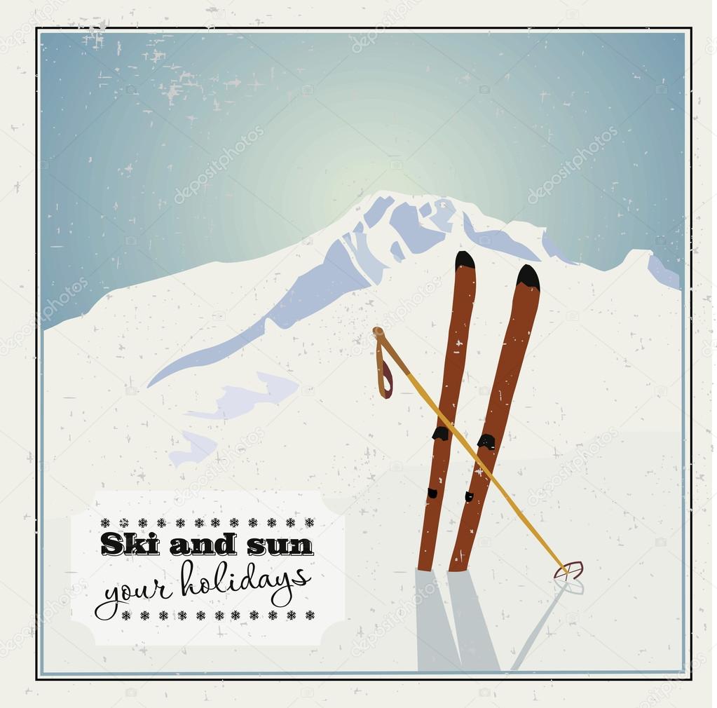 Winter background. Mountains and ski equipment in the snow