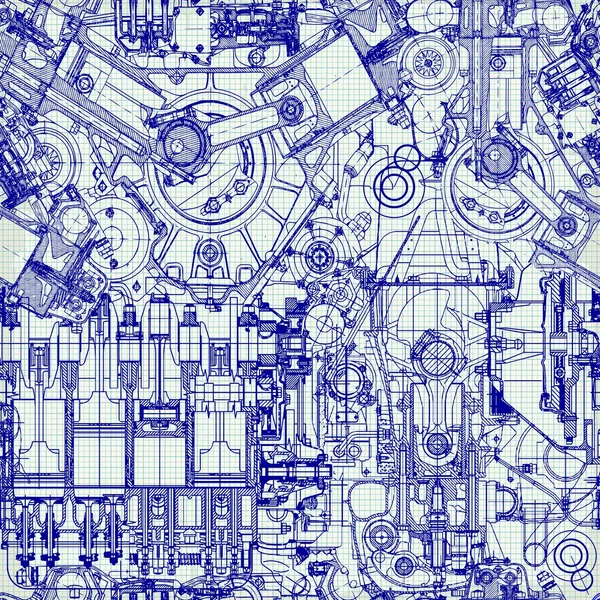 Drawing engine on old graph paper. Royalty Free Stock Illustrations