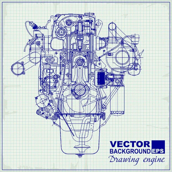 Zeichnung alter Motor auf Graphikpapier. — Stockvektor