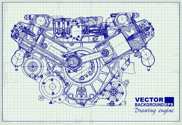 Zeichnung alter Motor auf Graphikpapier. — Stockvektor