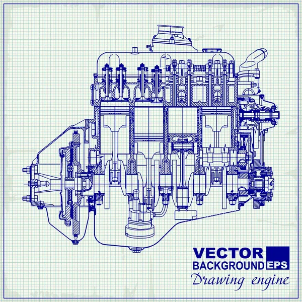 Zeichnung alter Motor auf Graphikpapier. — Stockvektor