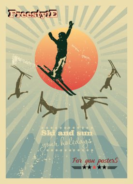 Alp poster, kayakçı güneşte, artı beş silhouettes