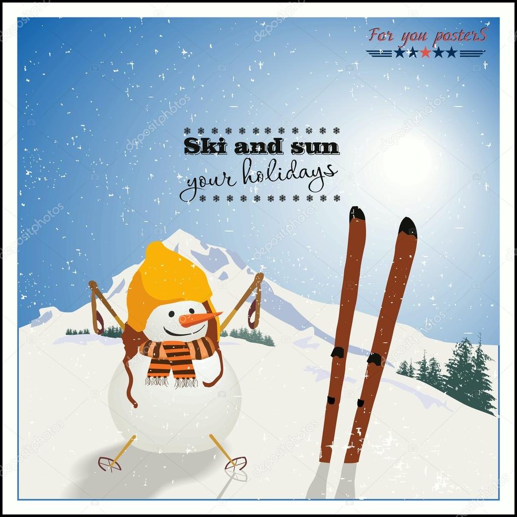 Snowman with skis on background of winter mountains