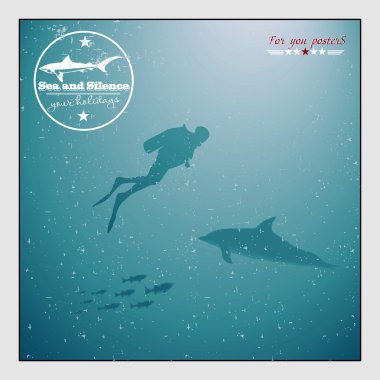 silhouette of a diver and dolphin underwater clipart