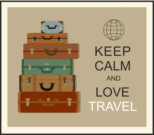 Vintage travel luggage background and slogan "Keep calm and love travel" — Stock Vector