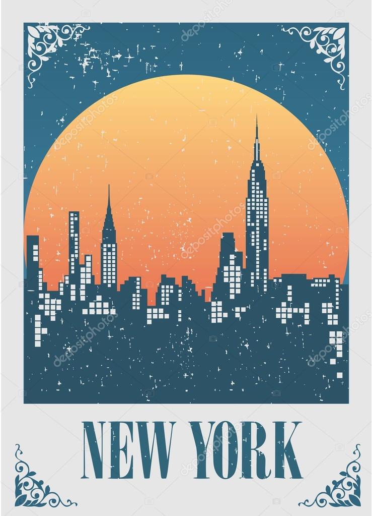 An illustration of New York City skyline at sunset