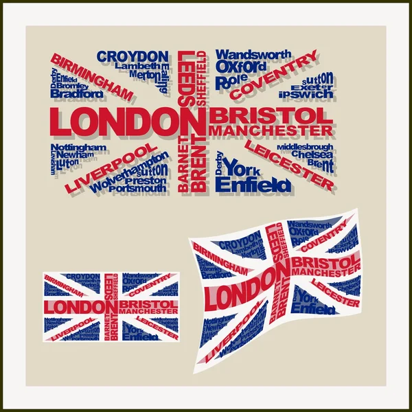 Drapeau britannique des mots grandes villes — Image vectorielle