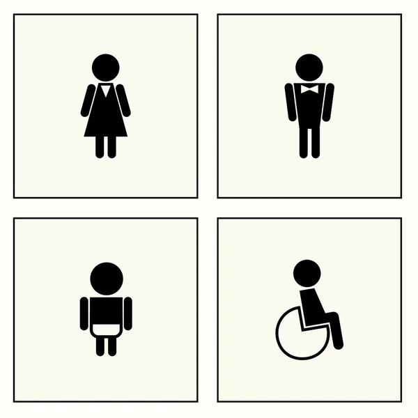 Iconos del baño: discapacidad, señora, hombre, niño — Vector de stock