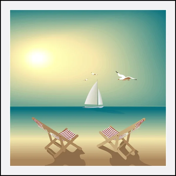 Playa, dos sillones, velero y gaviotas — Vector de stock