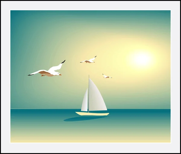 Yacht sailing against sunset — Stock Vector