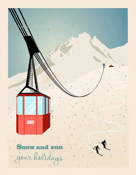 ロープウェイ駅やスキーケーブルカーで冬の風景。雪国シーンベクトルイラスト。スキー場のコンセプト。ウェブサイト、壁紙、ポスターやバナーのために — ストックベクタ
