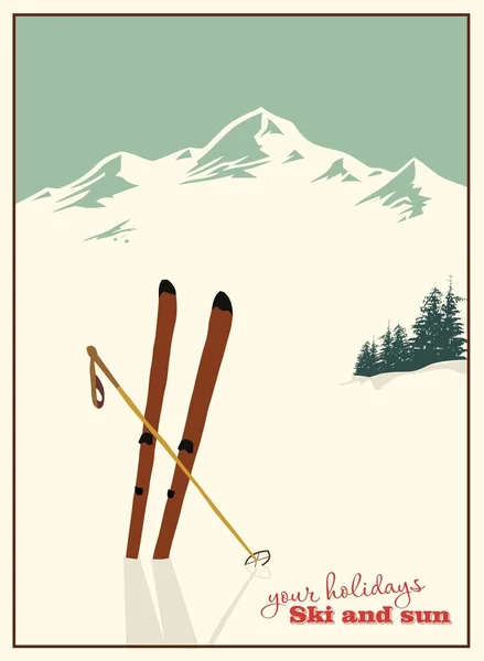 Cartel de esquí de invierno vintage. Esquí alpino con palos que sobresalen sobre un fondo de montañas nevadas. — Vector de stock