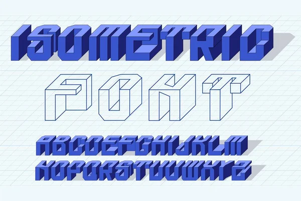 Minimalistyczna czcionka. Izometryczna czcionka 3D, trójwymiarowe litery alfabetu na papierze graficznym. Ilustracja wektora — Wektor stockowy