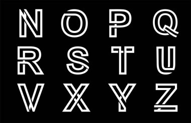 Dekoratif alfabe, büyük harfli yazı tipi. Monogram, logo, amblem, baş harfler için modern set. Gölgelerle örtüşen beyaz çizgilerden yapılmış.