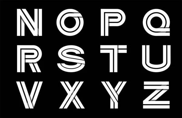 Dekorativt alfabet, typsnitt med versaler. Modern uppsättning för monogram, logotyper, emblem, initialer. Tillverkad av vita ränder Överlappning med skuggor — Stock vektor