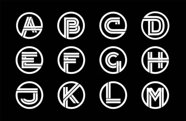 Декоративный алфавит, шрифт с большими буквами. Современный набор для монограмм, логотипов, эмблем, инициалов. Сделанные из белых полос, перекрывающих тени, вписанные в круг — стоковый вектор