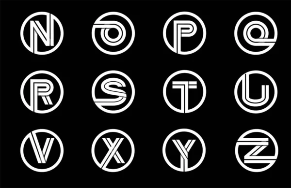 Decoratief alfabet, lettertype met hoofdletters. Moderne set voor monogrammen, logo 's, emblemen, initialen. Gemaakt van witte strepen Overlappend met schaduwen in een cirkel — Stockvector