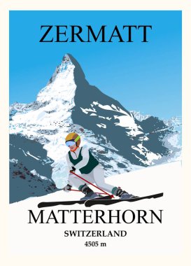Experienced female skier glides on skis against the backdrop of the Matterhorn mountain. Zermatt ski resort vintage poster travel illustration design, swiss alps poster design.