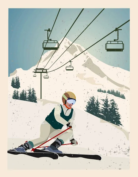 Vintage Poster Winter Background Mountain Landscape Ski Lift Experienced Skier Vektorgrafik