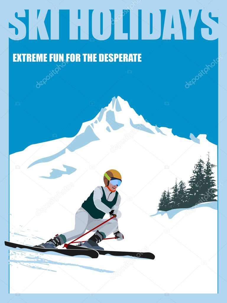 Advanced woman skiers slides near the mountain downhill. Cross-country skiers. Sports descent on skis from the mountain. Vector illustration.