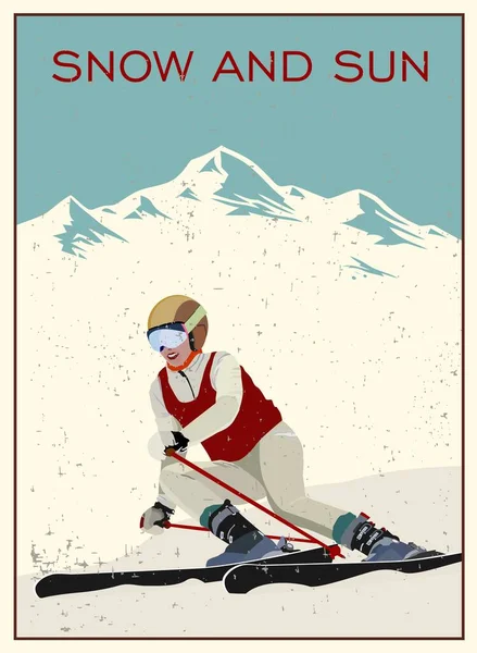 Advanced Woman Skiers Slides Mountain Downhill Cross Country Skiers Sports Ilustraciones de stock libres de derechos