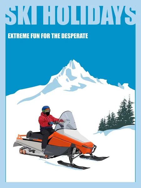 Skieur Parcourt Une Puissante Motoneige Sur Fond Montagnes Enneigées Affiche — Image vectorielle