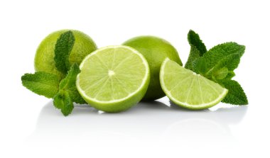 Three sliced limes with mint isolated on a white background clipart
