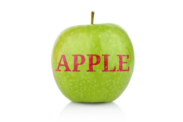 Studio shot of green apple with inscription Apple isolated — Stock Photo, Image