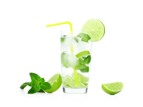 Mojito drink in dewy glass,cold water,ice cubes,mint,straw and l — Stock Photo, Image