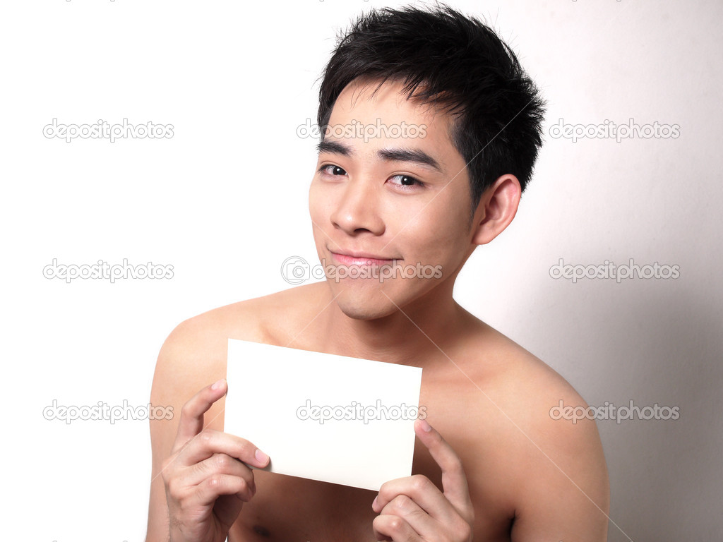 Asian boy with a card for your text