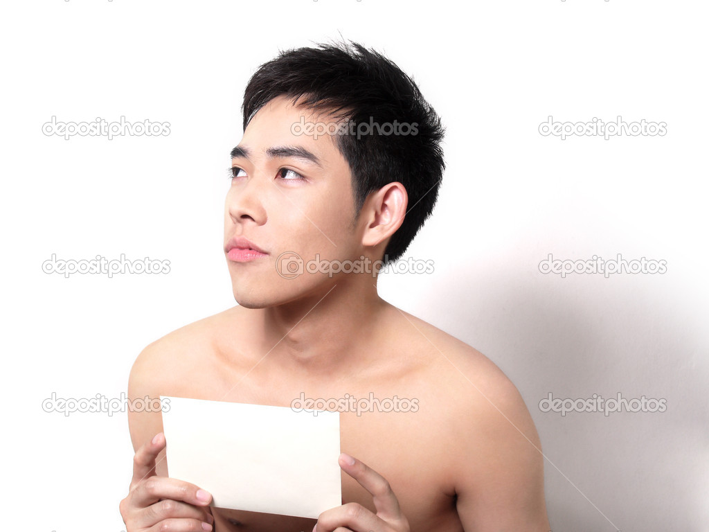 Asian boy with a card for your text