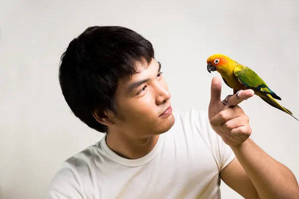 亚洲男子与鹦鹉-太阳锥 图库图片