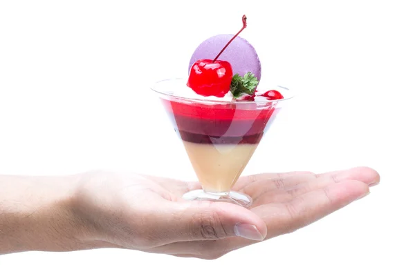 Strawberry shot cake with cherry and macaron — Stock Photo, Image