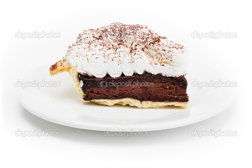 Chocolate tart on the dish in white background