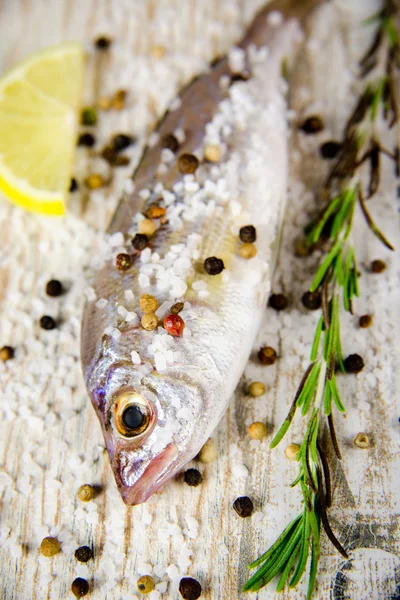 Redfish on the kitchen table with vegetables and spices — Stock Photo, Image