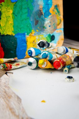 Fırçalar, boyalar, palet. çizim seti