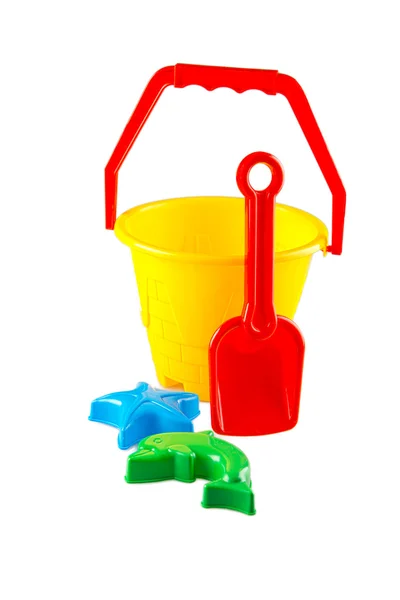 Baby toy bucket, shovel on white background — Stock Photo, Image