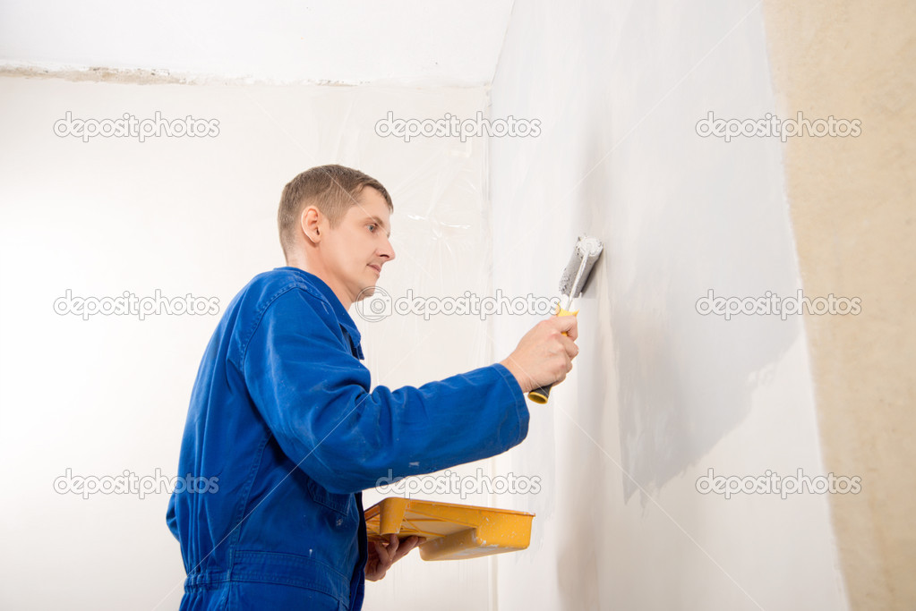 Painting Work Builder Man Paints The Wall Stock Photo Image By C Nata Lunatad 49041457