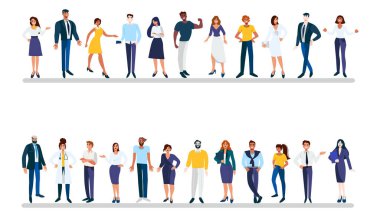 Çok uluslu iş ekibi. Çeşitli ırklardan, yaşlardan ve ofis kıyafetlerinde vücut tiplerinden çeşitli erkek ve kadınların vektör çizimi. Beyazda izole edilmiş.