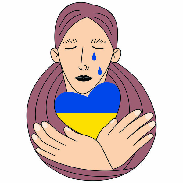Женщина обнимает сердце цветом флага Украины. Никакой войны. Поддержка Украины. Украина в сердце. Поддержка против борьбы. Оставайтесь с украинской концепцией.