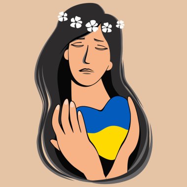 Kadın Ukrayna bayrağı renginde bir kalbe sarılıyor. Ukrayna kavramına bağlı kal. Ukrayna 'ya destek. Savaş yok. Kalbinde Ukrayna var. Savaşa karşı destek. Stok vektör illüstrasyonu.
