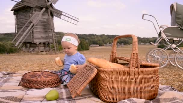 En liten flicka på picknick — Stockvideo