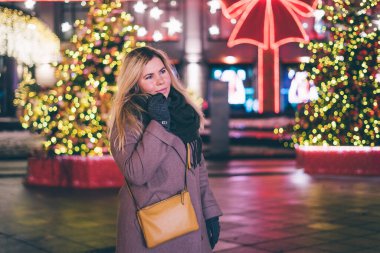 Açık havada, Noel pazarındaki güzel sarışın genç bir kadının portresi..