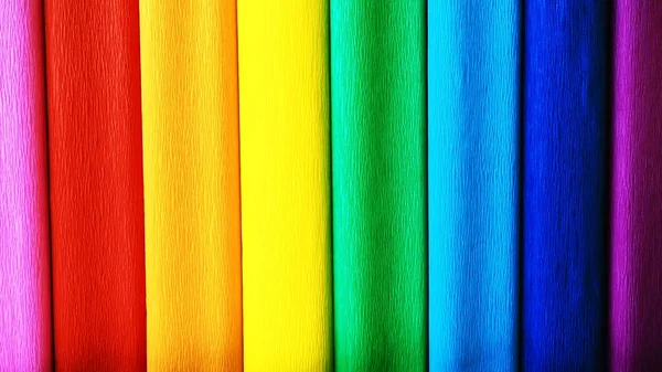 Bandeira do orgulho por Gilbert Baker. Símbolo da comunidade LGBT LGBTI em geral. O papel crepe está disponível em rosa, vermelho, laranja, amarelo, crepe, azul, roxo e magenta. Fundo colorido para eventos Pride — Fotografia de Stock