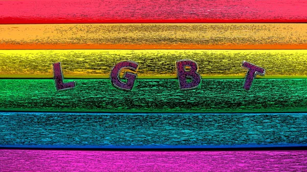 Abreviatura LGBT, texto de carta. Letras LGBT púrpura en el fondo de la bandera del arco iris. Una bandera arco iris, la bandera del orgullo. Símbolo de comunidad LGBTQ. EuroPride 2022, ilustración estilizada — Foto de Stock