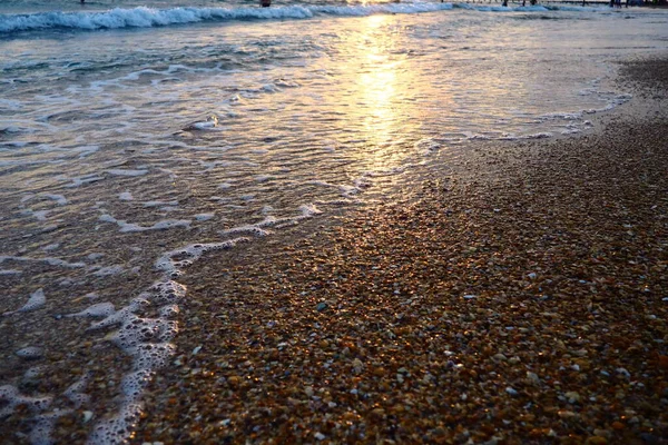 Olas espumosas rodan sobre la orilla arenosa. Puesta de sol sobre el mar. Hermoso atardecer. Lugar turístico, resort. Los rayos del sol se reflejan desde el agua. Playa de arena con conchas a la hora dorada —  Fotos de Stock