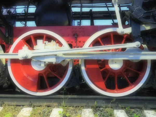Egy Mozdony Vagy Vonat Retro Vintage Kerekei Közelednek Piros Nagy — Stock Fotó