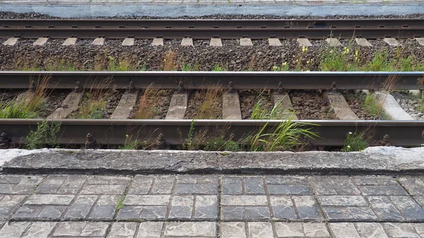 Railways. Rails and sleepers on the ground near the station. Long way concept. Interlacing of tracks, railway arrows. Change of direction. Metal heavy rails — Stock Photo, Image