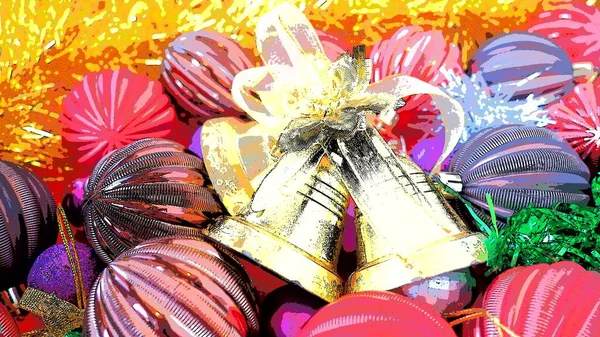 Fundo Natal Com Decorações Natal Bolas Férias Sinos Arcos Chuva — Fotografia de Stock