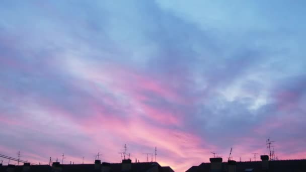 Abendhimmel Und Rosa Wolken Sonnenuntergang Über Städtischen Gebäuden Beschleunigte Bewegung — Stockvideo